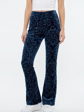 EMORY PARK • Blue Black Velvet Burnout Damask Flare Pants Size M
